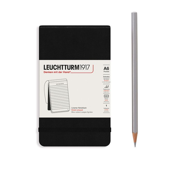 Bloc-notes Pocket (A6), couverture rigide, 94 pages numérotées, ligné, noir