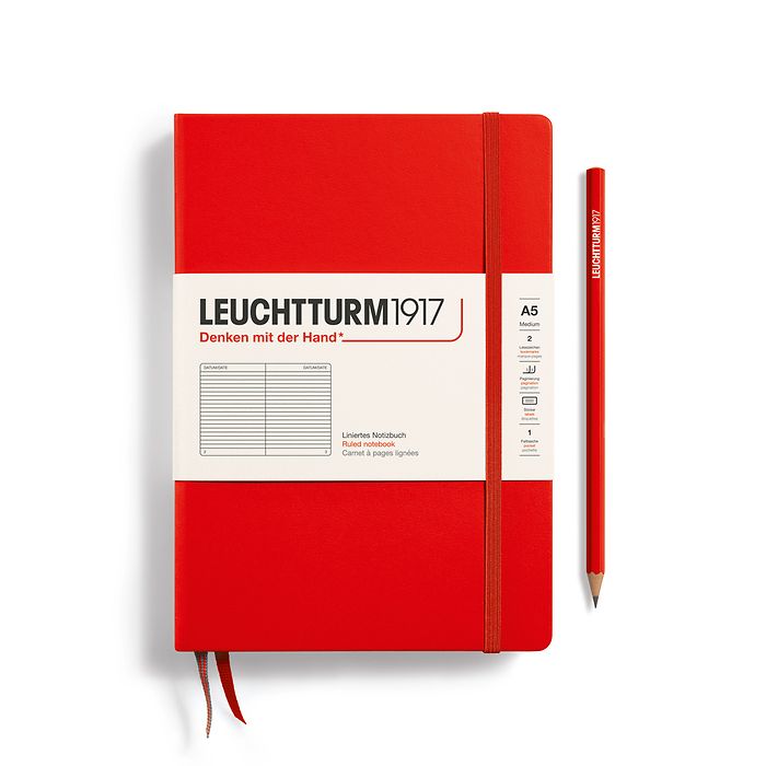 Carnet Medium (A5) couverture rigide, 251 pages numérotées, ligné, rouge