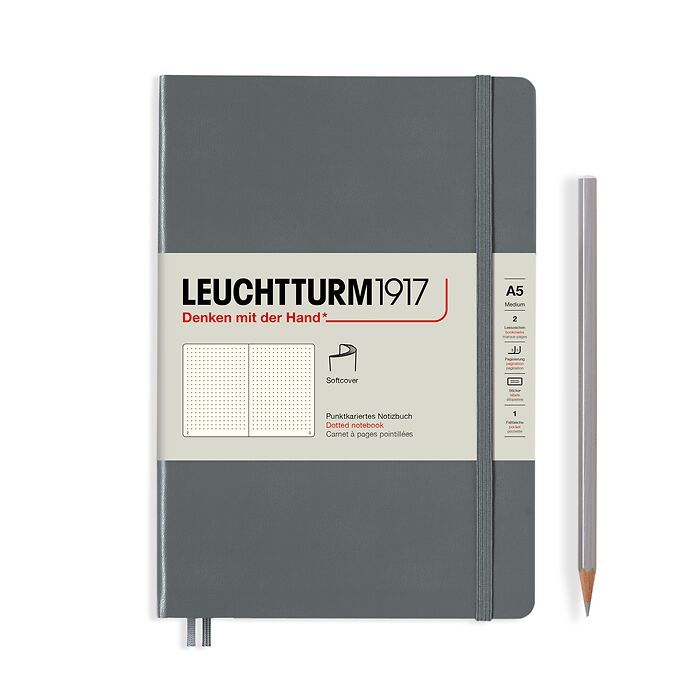 Carnet de notes Medium (A5), couverture souple, 123 pages numérotées, Anthracite, pointill