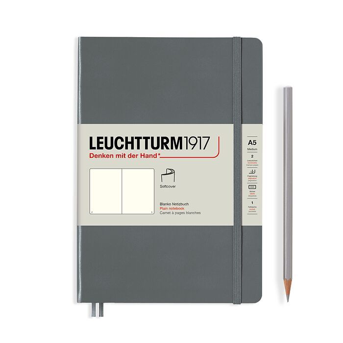 Carnet de notes Medium (A5), couverture souple, 123 pages numérotées, Anthracite, blanc