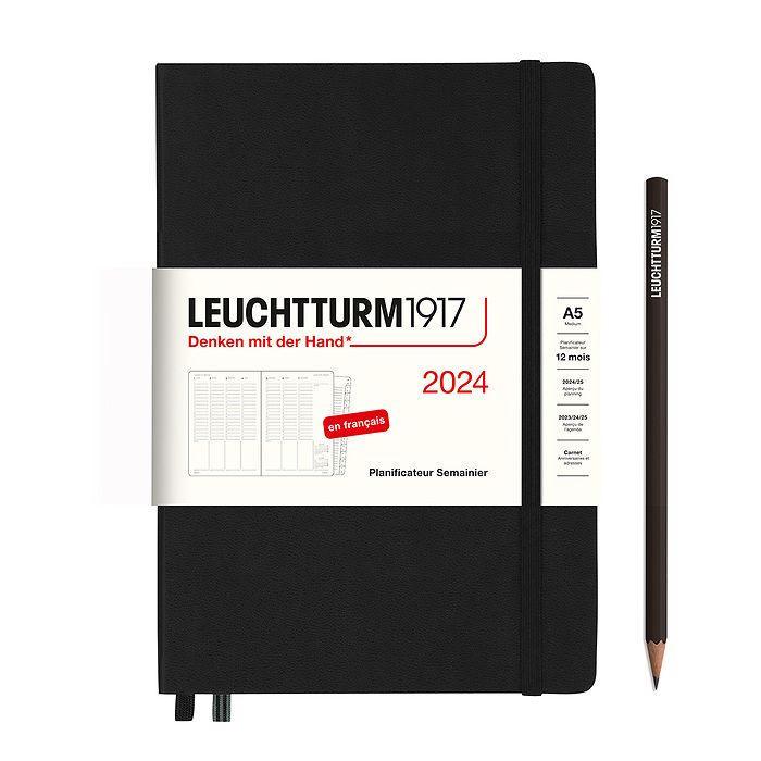 Planificateur Semainier Medium (A5) 2024, avec cahier, Noir, Français