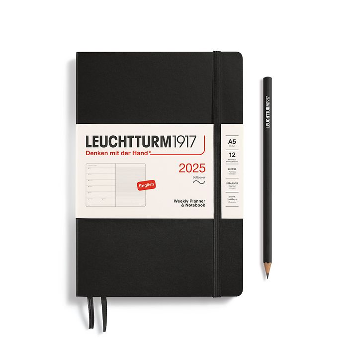 Agenda Semainier & Carnet Medium (A5) 2025, Couverture souple, Noir, Anglais