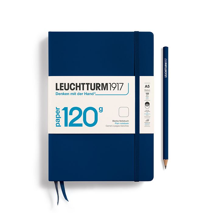 Carnet Medium (A5), 120g Edition, Couverture rigide, 203 pages num., Bleu Marine, blanc